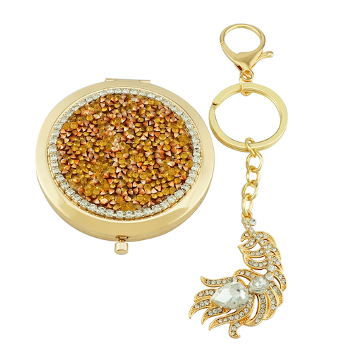 Gift Set of Crystal Compact Mirror & Feather Key Ring