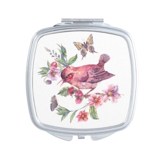 Bird Illustration Print Epoxy Compact Mirror