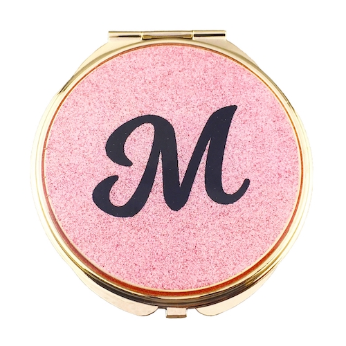 Letter M Pink Glitter Compact Mirror