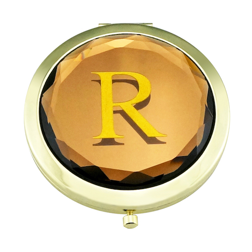 Gold Paint Alphabet R Crystal Glass Compact Mirror